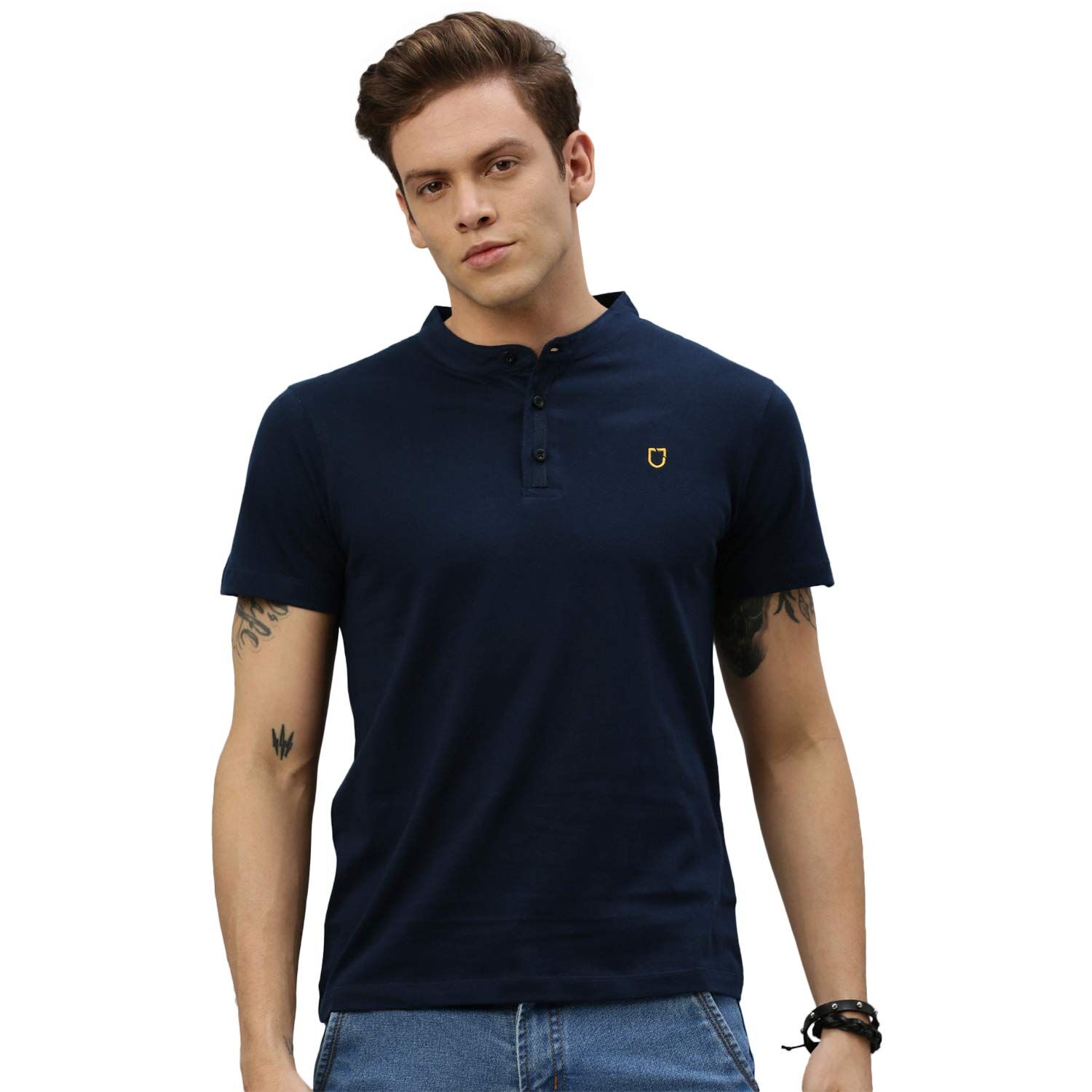 Urbano Fashion Men's Solid Mandarin Collar Slim Fit Cotton T-Shirt