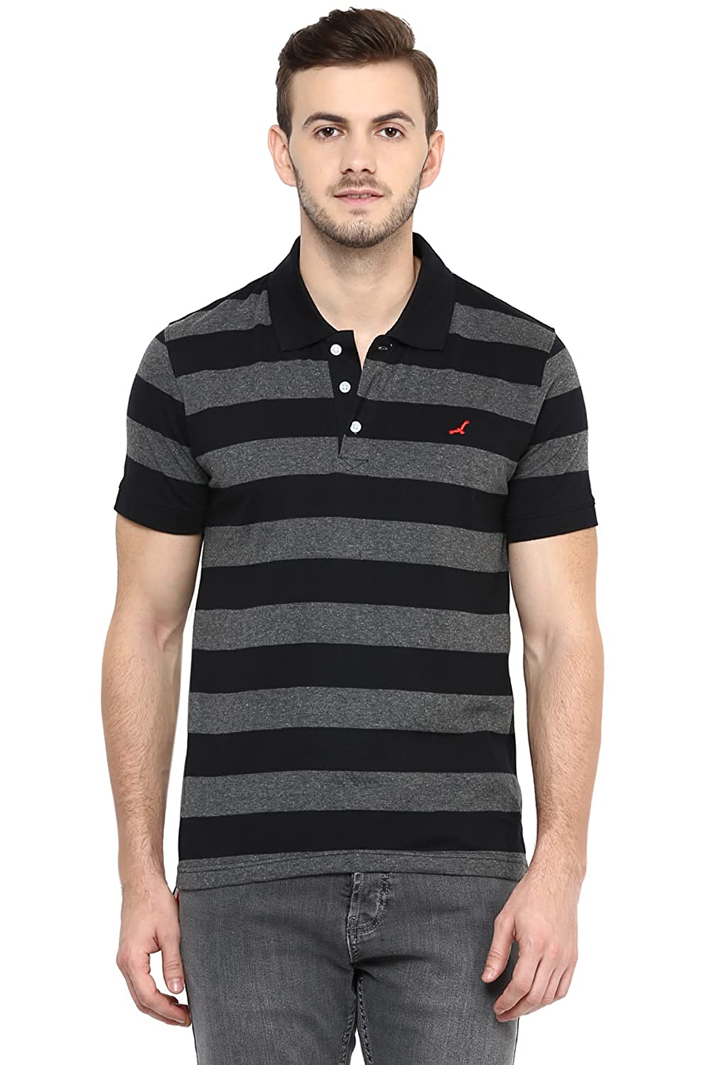 AMERICAN CREW Polo Collar Cotton Poly Striped T-Shirt for Men