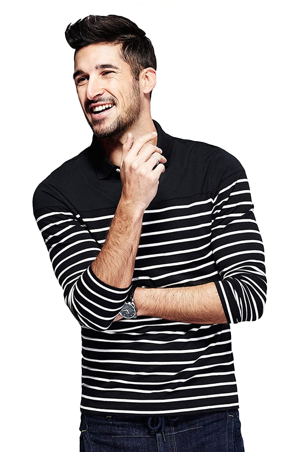 fanideaz Men’s Full Sleeve Cotton Black and White Striped Polo T Shirt fanideaz Men’s Full Sleeve Cotton Black and White Striped Polo T Shirt