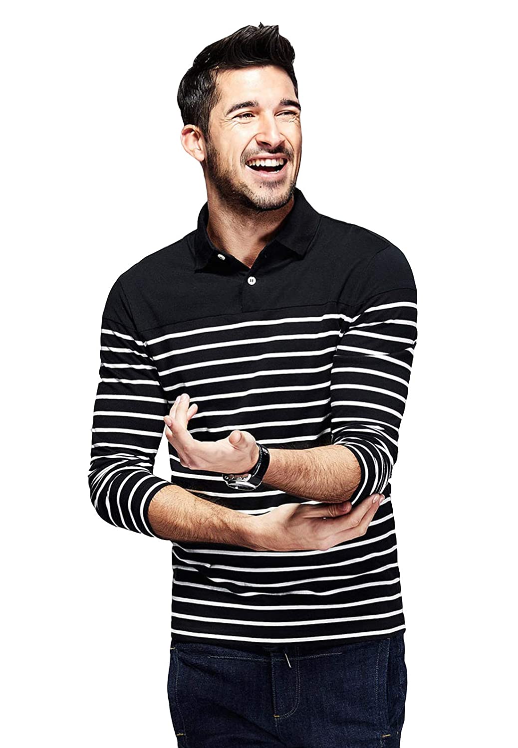 fanideaz Men’s Full Sleeve Cotton Black and White Striped Polo T Shirt