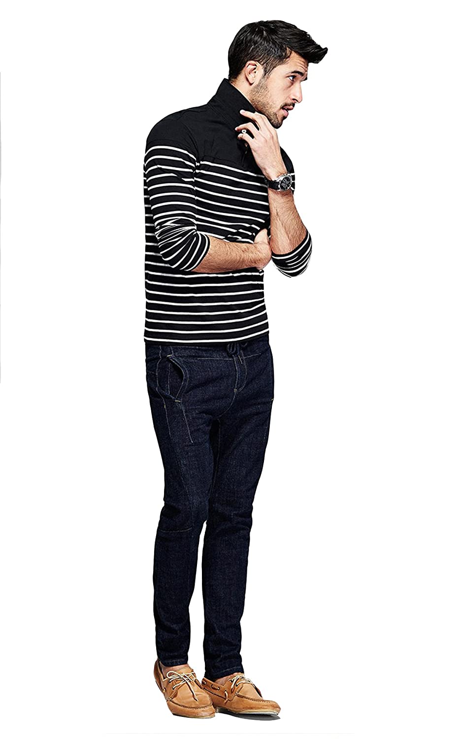 fanideaz Men’s Full Sleeve Cotton Black and White Striped Polo T Shirt fanideaz Men’s Full Sleeve Cotton Black and White Striped Polo T Shirt