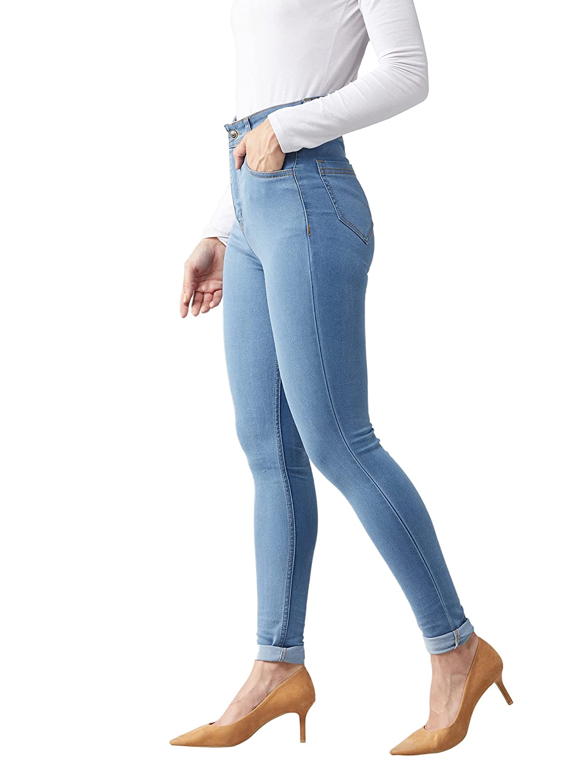 71U1J25McIL._UL1500_ Dolce Crudo Women's Blue Skinny High Rise Distressed Regular Length Denim Jeans