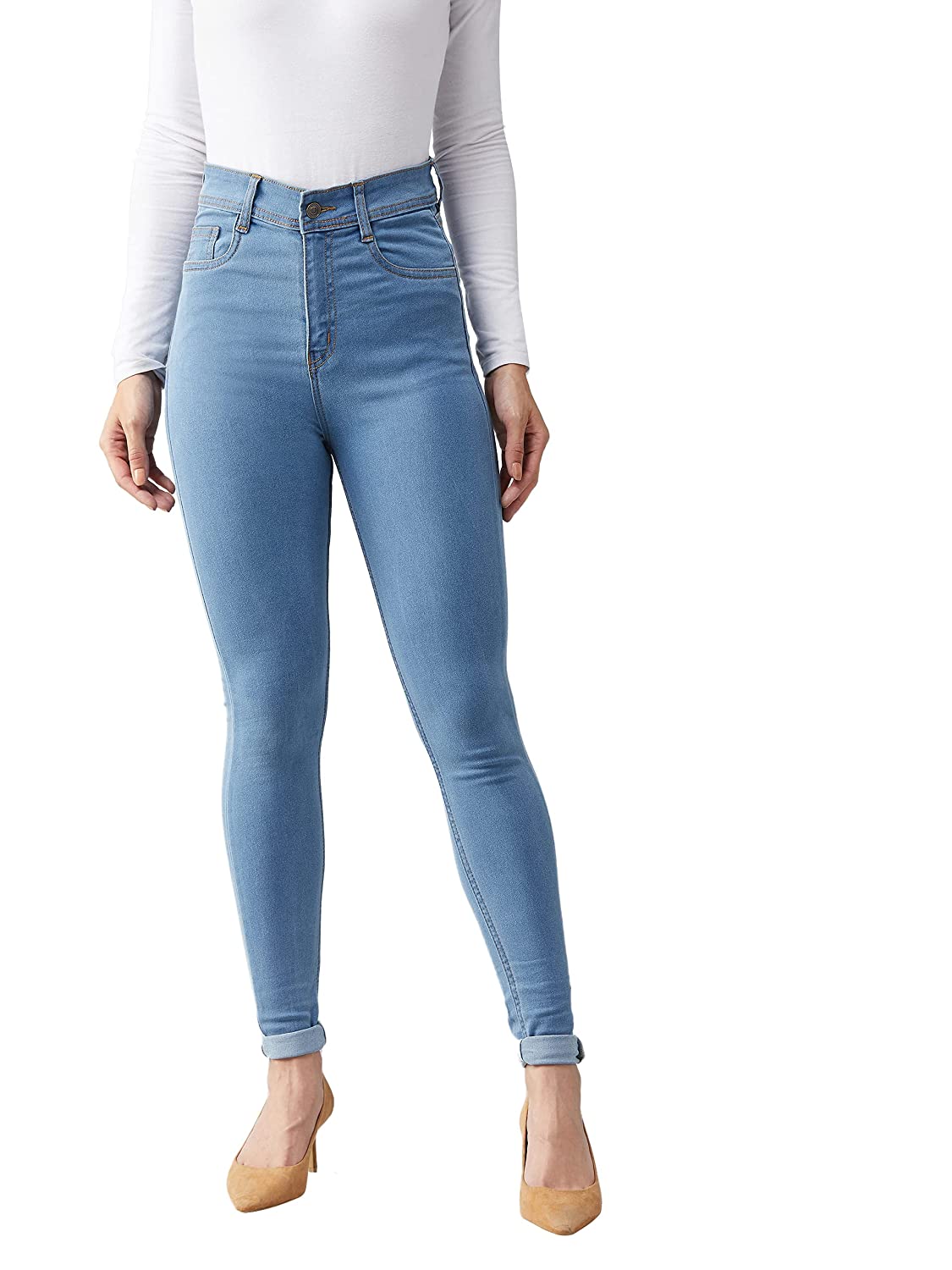 Dolce Crudo Women's Blue Skinny High Rise Distressed Regular Length Denim Jeans