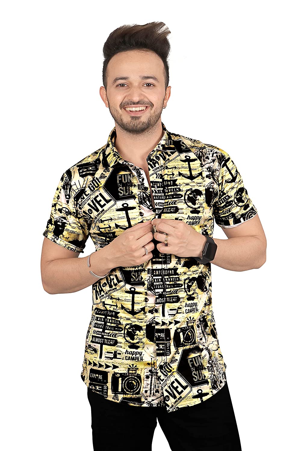 Mentific® Digital Print Lycra Half Sleeve Multi Designs Shirt for Men