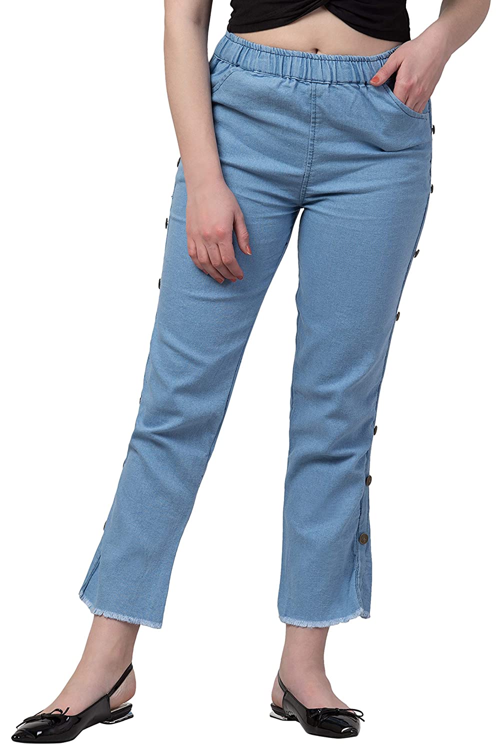81JBzk2c5NL._UL1500_ Ira Collection Side Buttoned Light Blue Jogger Jeans for Women