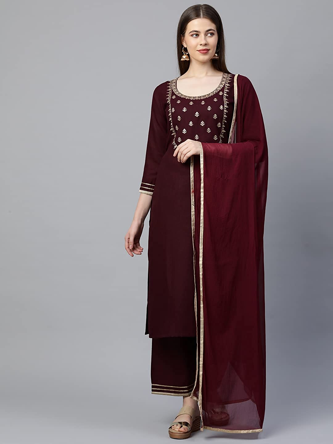 51pBUiqAMAL._UL1440_ GoSriKi Women's Cotton Straight Kurta with Palazzo & Dupatta