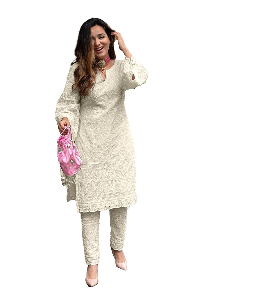 61028RJLwUL._UL1218_ Clickedia Womens and Girls Chikan Embroidered All Over Chikankari Kurti/Kurta and Pant Set