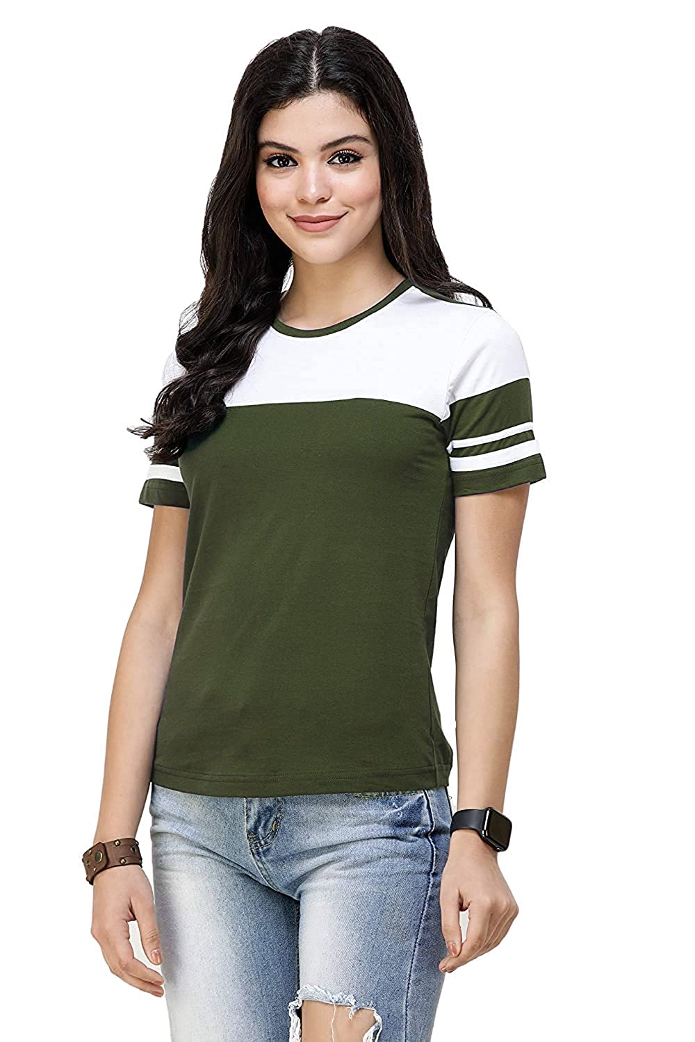 61DlrbzLsCL._UL1500_ Zikrak Half Sleeves Round Neck Striped Cotton T-Shirt for Women & Girls