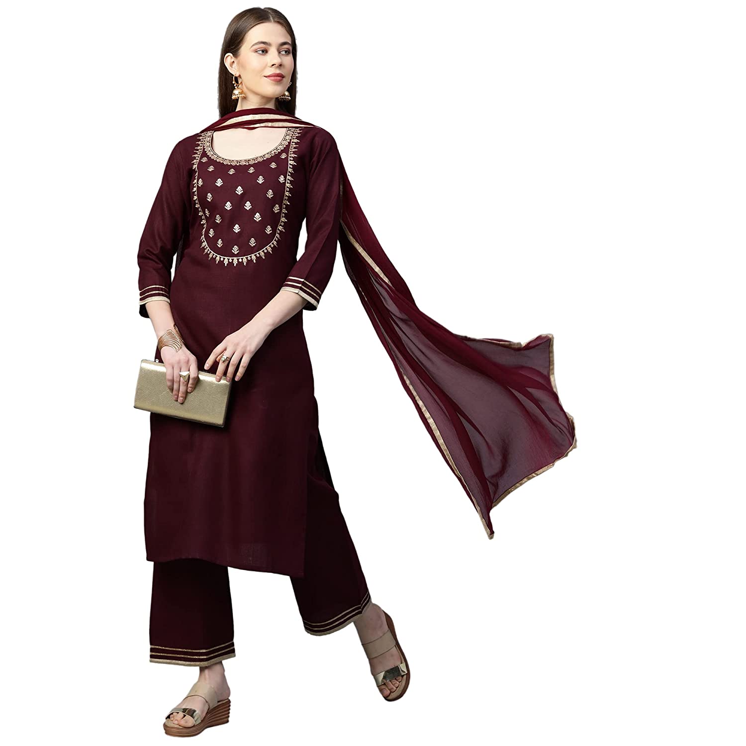 GoSriKi Women's Cotton Straight Kurta with Palazzo & Dupatta