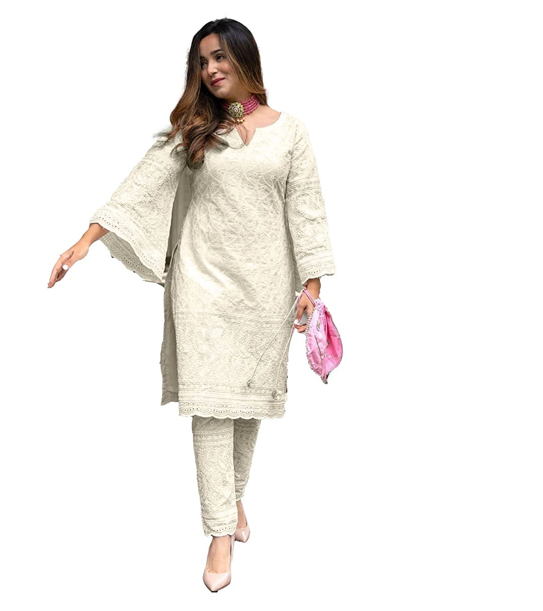 61JagxVLswL._UL1216_ Clickedia Womens and Girls Chikan Embroidered All Over Chikankari Kurti/Kurta and Pant Set