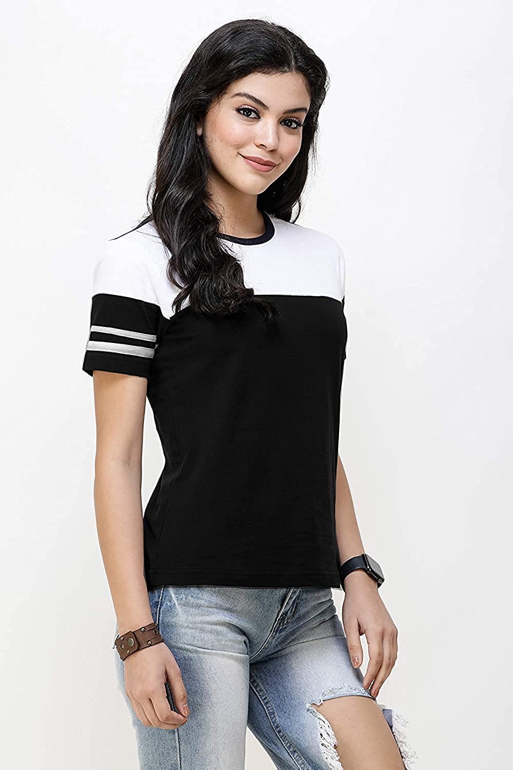 61P3ZicQz8L._UL1500_ Zikrak Half Sleeves Round Neck Striped Cotton T-Shirt for Women & Girls