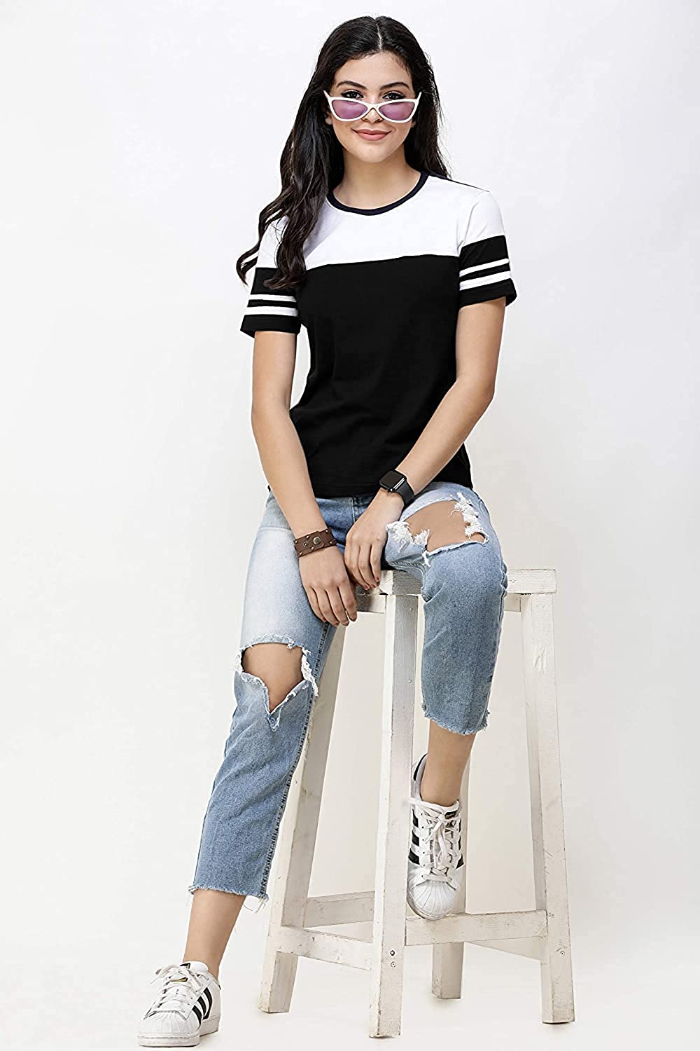 61do1f+EYkL._UL1500_ Zikrak Half Sleeves Round Neck Striped Cotton T-Shirt for Women & Girls
