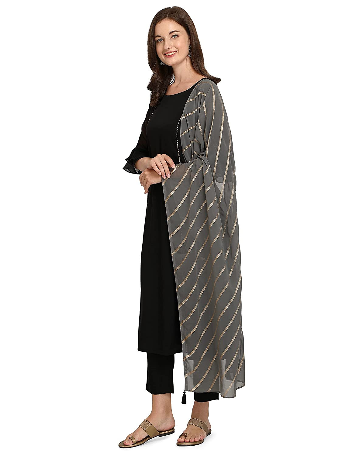 71xb3sy06SL._UL1500_ FIORRA Women's Black Poly Crepe A-Line Kurta with Pant and Dupatta