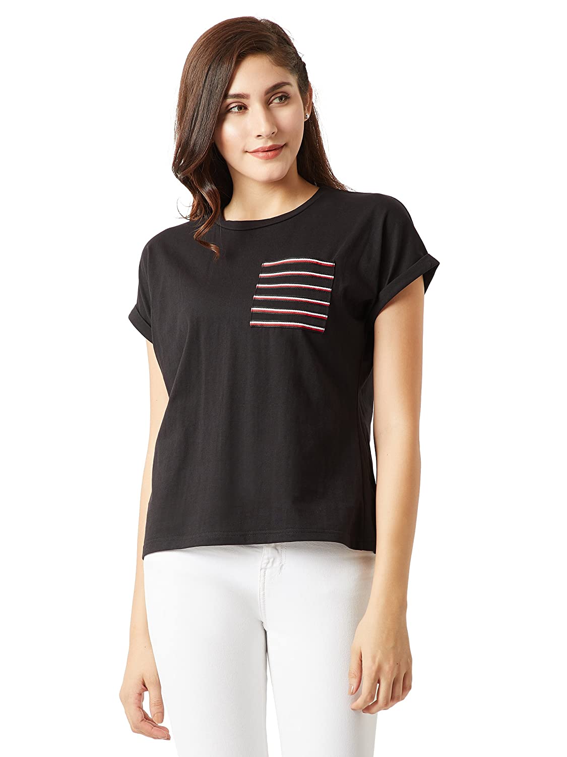 Miss Chase Women's Multicolored Round Neck Full Sleeves Solid Paneled Boxy Fit Top